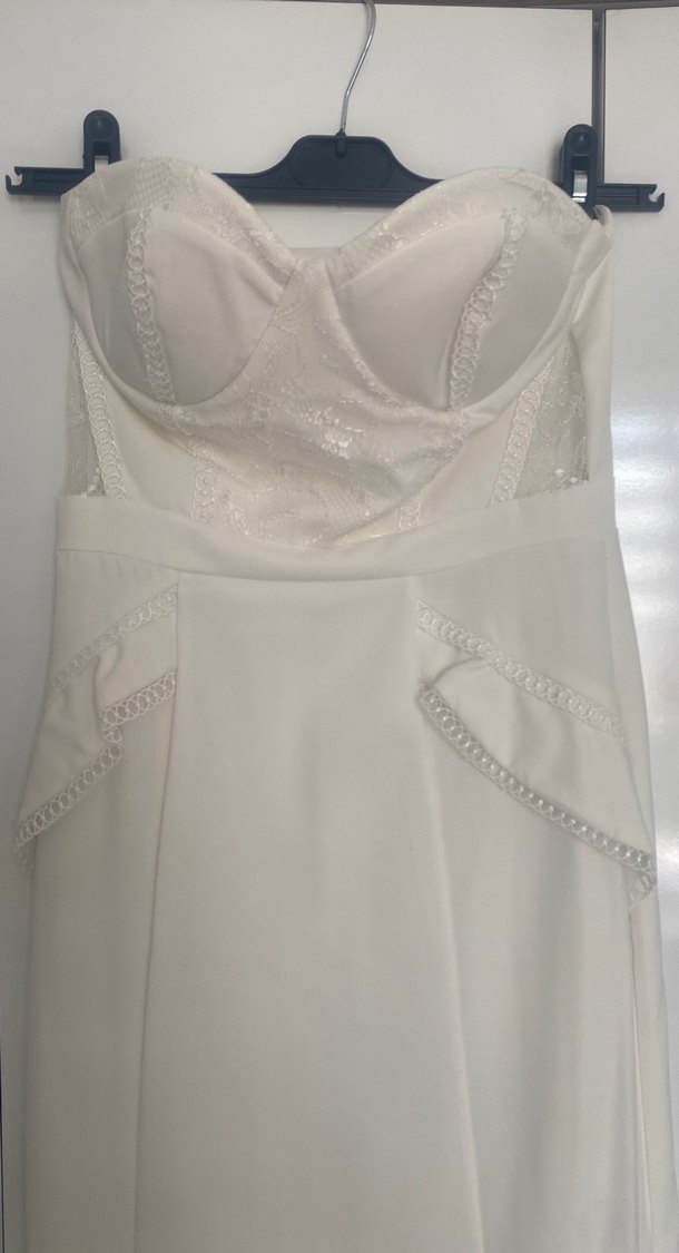 Beyaz Straplez Uzun Balık model Kadın Elbise,Gelinlik - Görsel 2