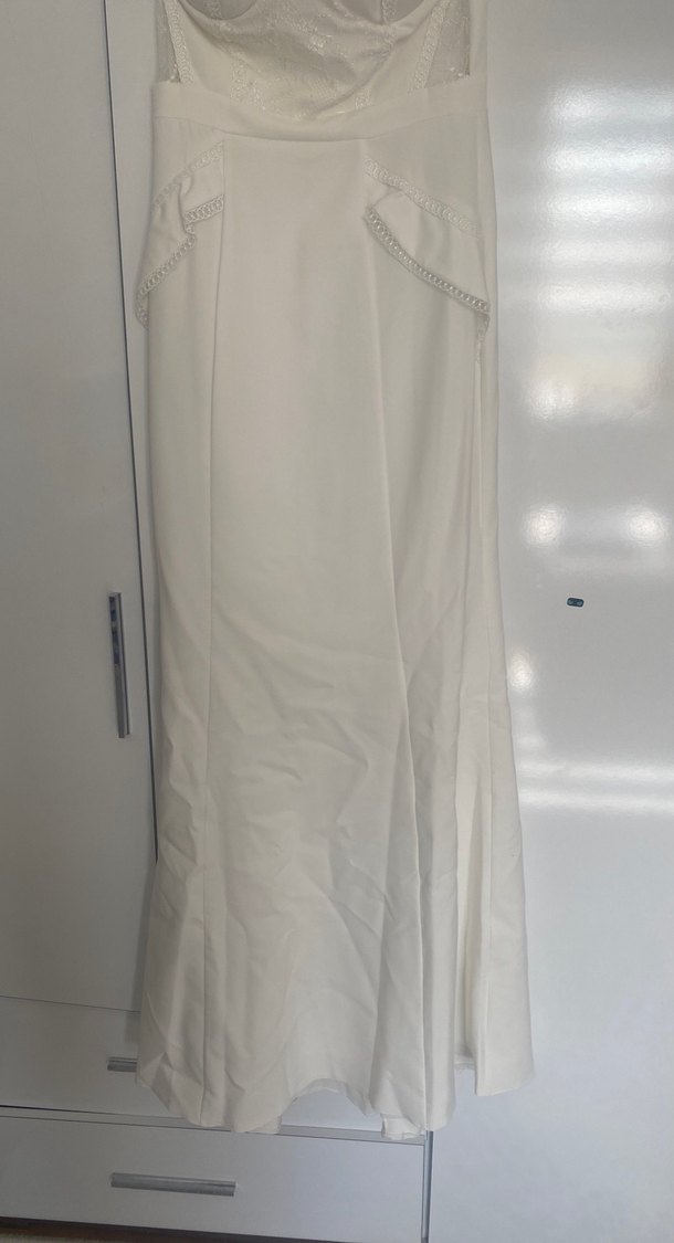 Beyaz Straplez Uzun Balık model Kadın Elbise,Gelinlik - Görsel 3