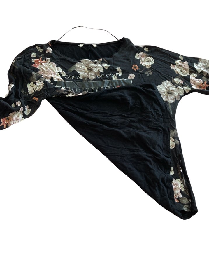 Uzun Kollu V Yaka Çiçekli Siyah Bluz-40 - Görsel 2