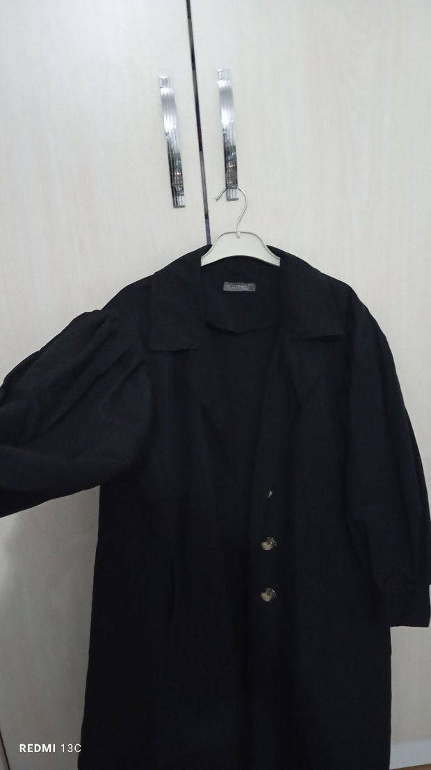 siyah uzun oversize trençkot - Görsel 4