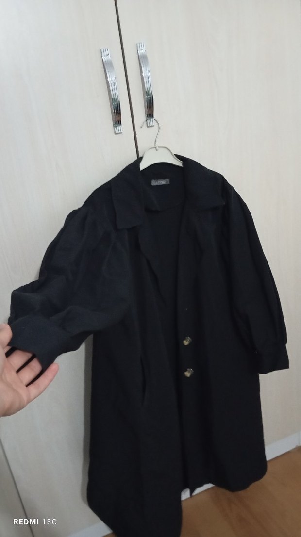 siyah uzun oversize trençkot - Görsel 3