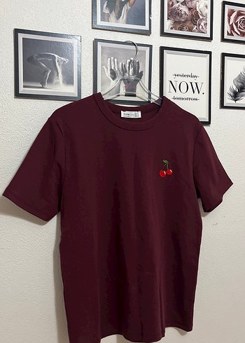 m Beden Bordo Kiraz Nakışlı Oversize Kadın Tişört