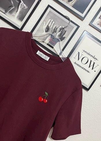 Diğer Bordo Kiraz Nakışlı Oversize Kadın Tişört
