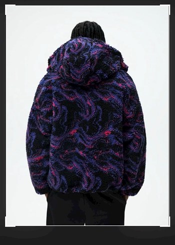l/xl Beden Mor Kapüşonlu Bağlamalı Desenli Fermuarlı Mont