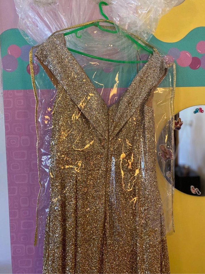 Parıltılı V Yaka Uzun Altın Abiye Elbise - Görsel 5