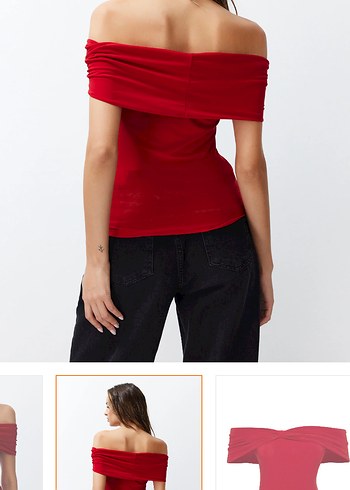 Kırmızı Kayık Yaka Kısa Kollu Bluz - Görsel 3