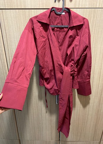 Bordo Uzun Kollu Düğmeli Kadın Gömlek - Görsel 3