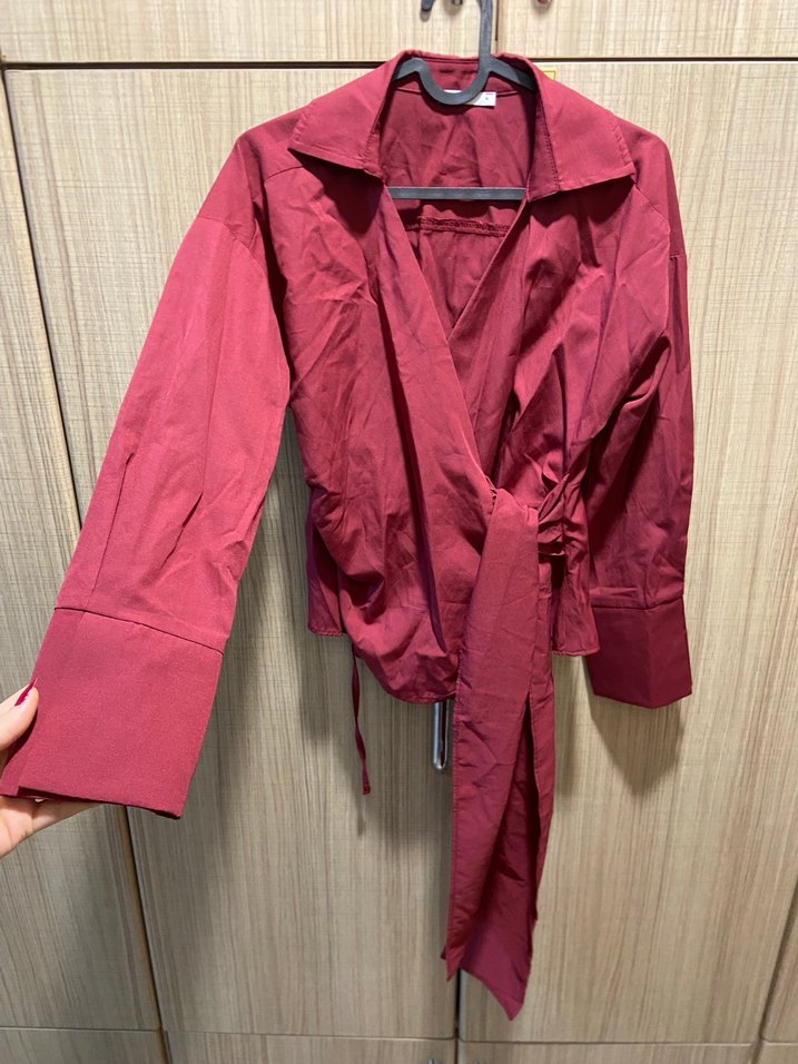 Bordo Uzun Kollu Düğmeli Kadın Gömlek - Görsel 3