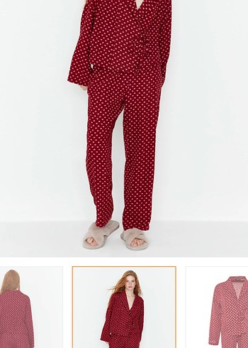 Bordo Kalp Desenli Uzun Kollu Bohem Pijama - Görsel 2