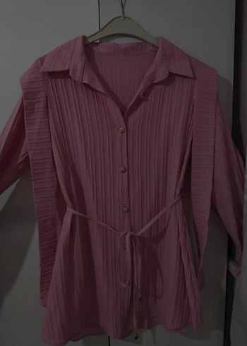 Piliseli Pembe Keten Kadın Gömlek - Görsel 3