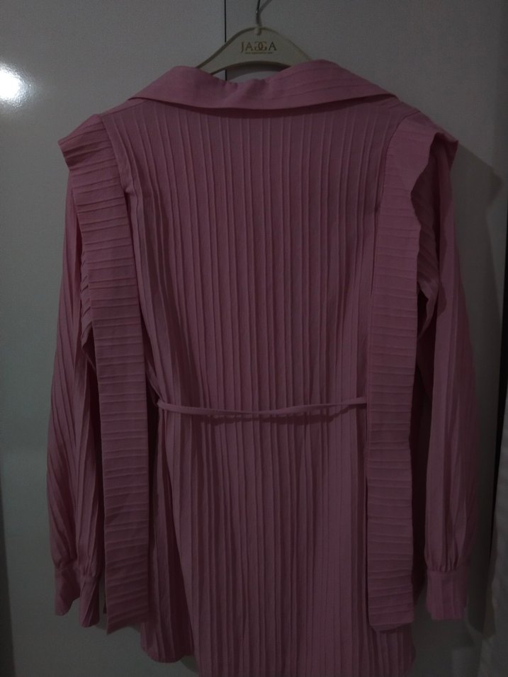 Piliseli Pembe Keten Kadın Gömlek - Görsel 2