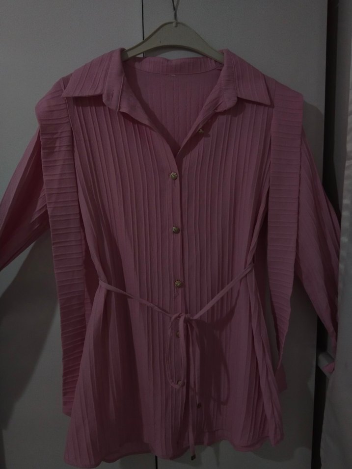 Piliseli Pembe Keten Kadın Gömlek - Görsel 3