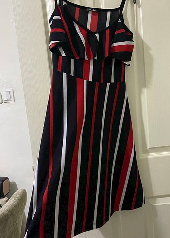 Çizgili Askılı Midi Elbise - Görsel 2