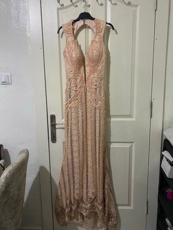 Dantel İşlemeli V Yakalı Uzun Abiye Elbise - Görsel 2