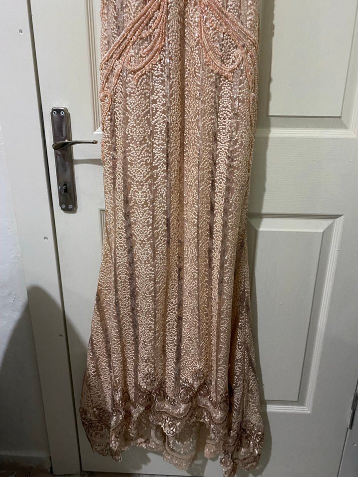 Dantel İşlemeli V Yakalı Uzun Abiye Elbise - Görsel 3