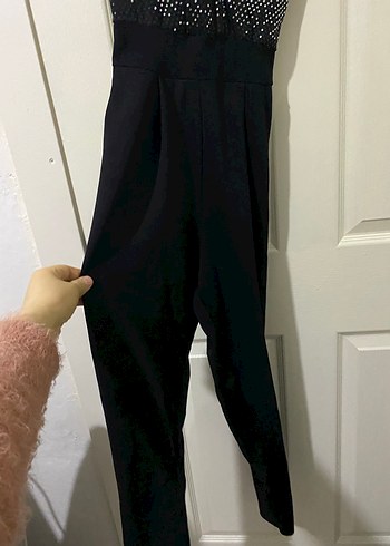 Siyah Payetli Uzun V Yaka Kadın tulum - Görsel 2