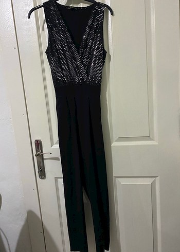 Siyah Payetli Uzun V Yaka Kadın tulum - Görsel 3