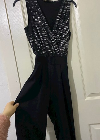 Siyah Payetli Uzun V Yaka Kadın tulum - Görsel 5