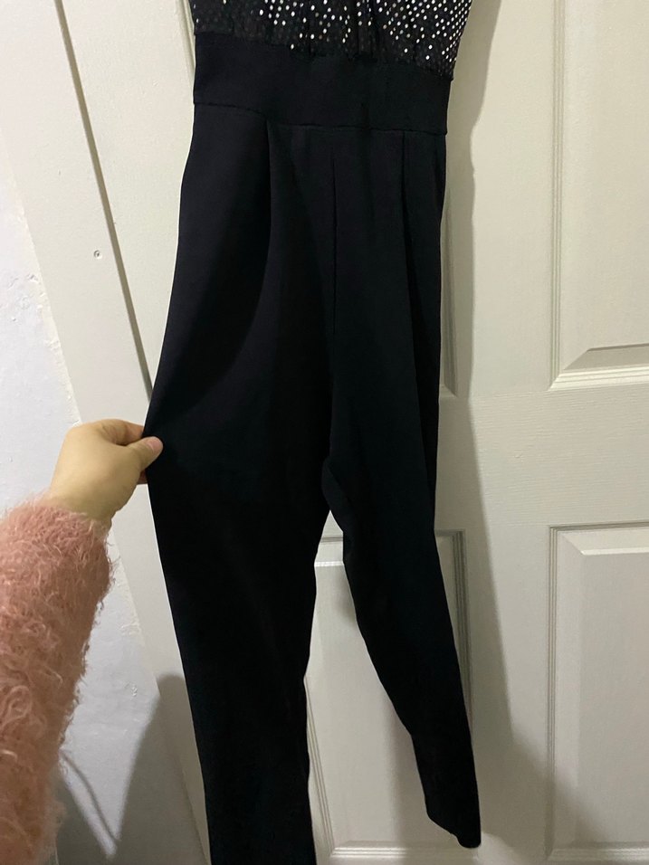 Siyah Payetli Uzun V Yaka Kadın tulum - Görsel 2