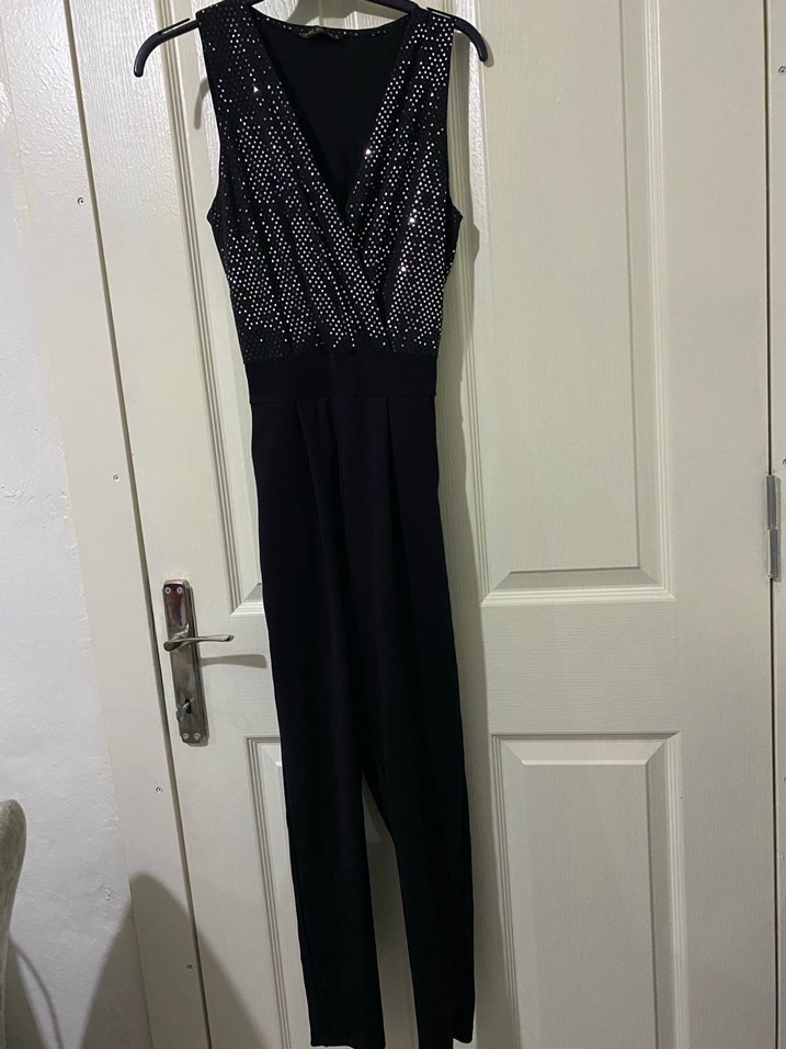 Siyah Payetli Uzun V Yaka Kadın tulum - Görsel 3