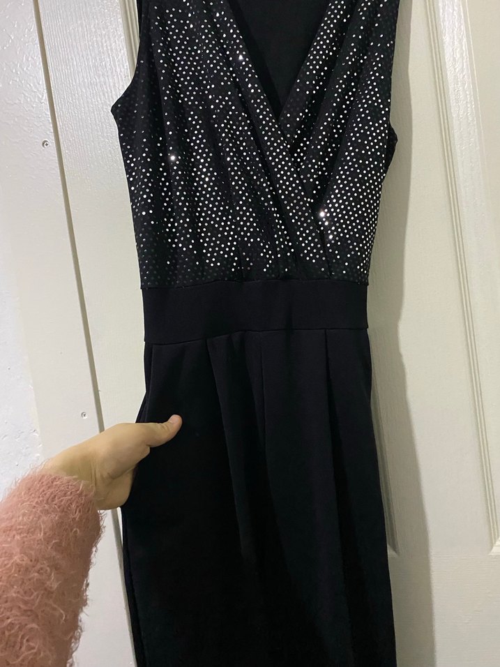 Siyah Payetli Uzun V Yaka Kadın tulum - Görsel 4