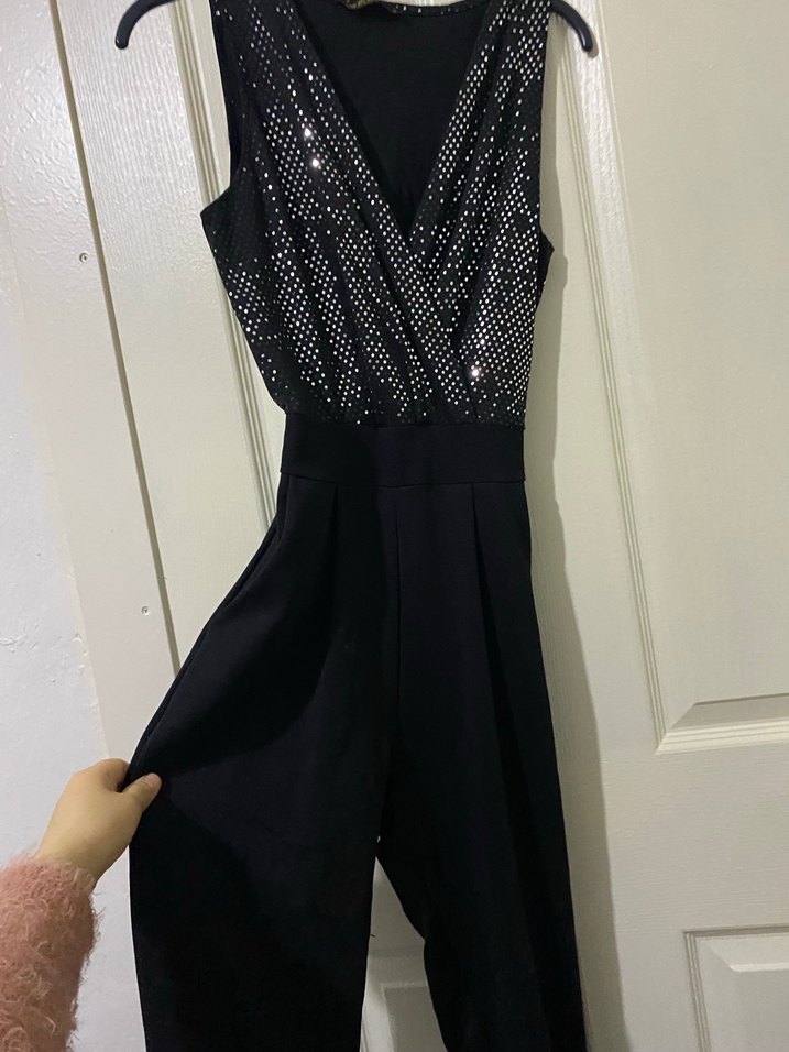 Siyah Payetli Uzun V Yaka Kadın tulum - Görsel 5