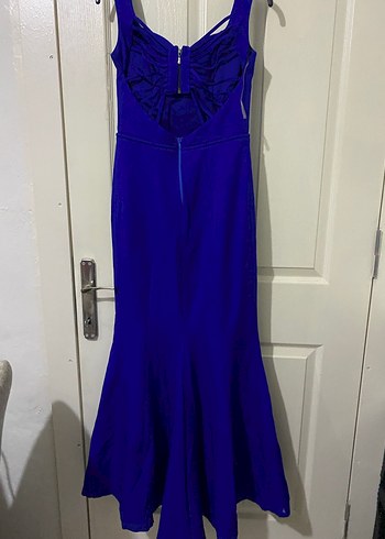 Klasik mavi V Yaka Uzun Abiye Elbise - Görsel 4