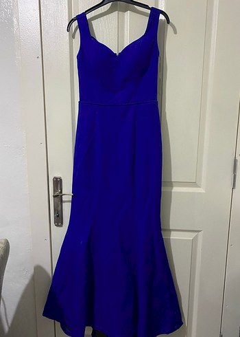 Klasik mavi V Yaka Uzun Abiye Elbise - Görsel 3