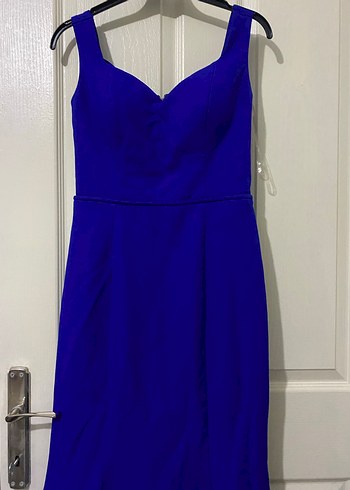 Klasik mavi V Yaka Uzun Abiye Elbise - Görsel 2