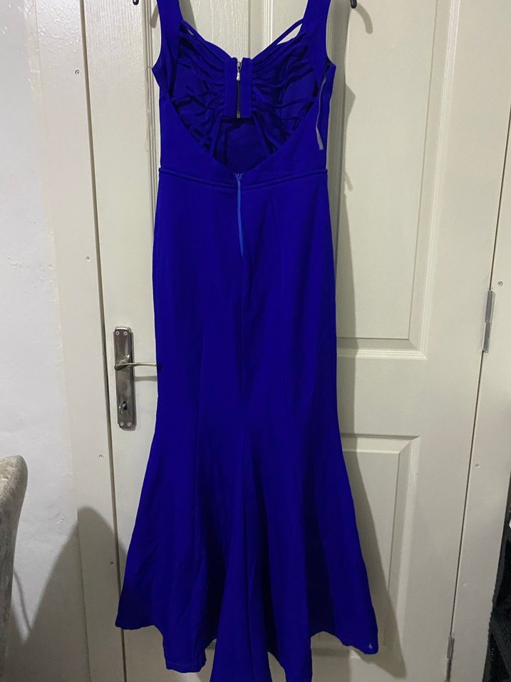 Klasik mavi V Yaka Uzun Abiye Elbise - Görsel 4