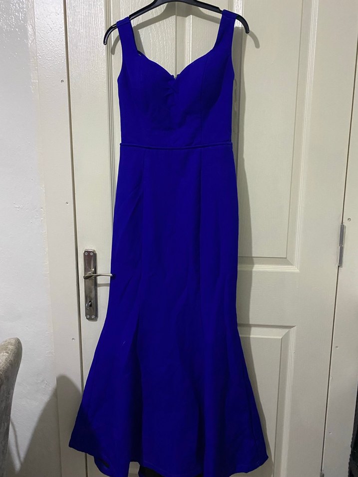 Klasik mavi V Yaka Uzun Abiye Elbise - Görsel 3