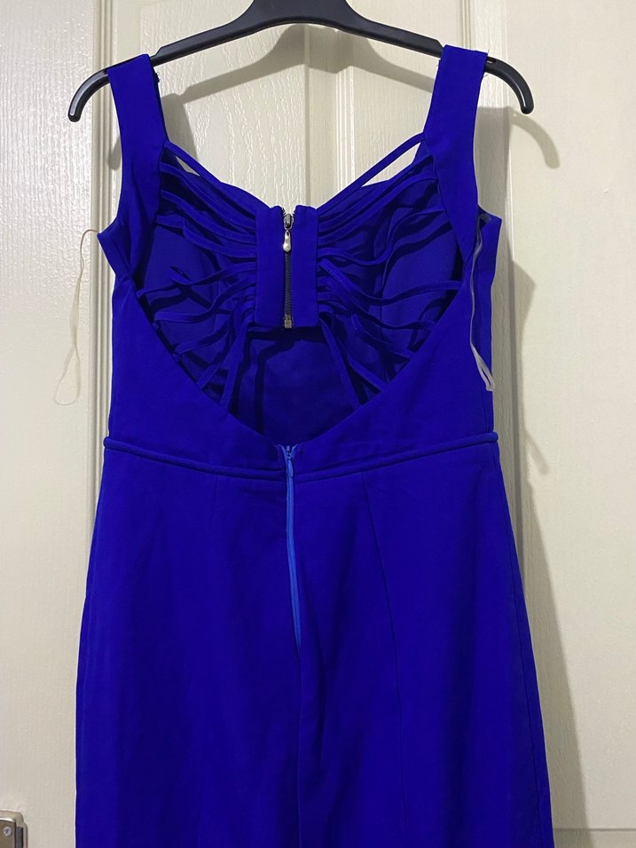 Klasik mavi V Yaka Uzun Abiye Elbise - Görsel 5