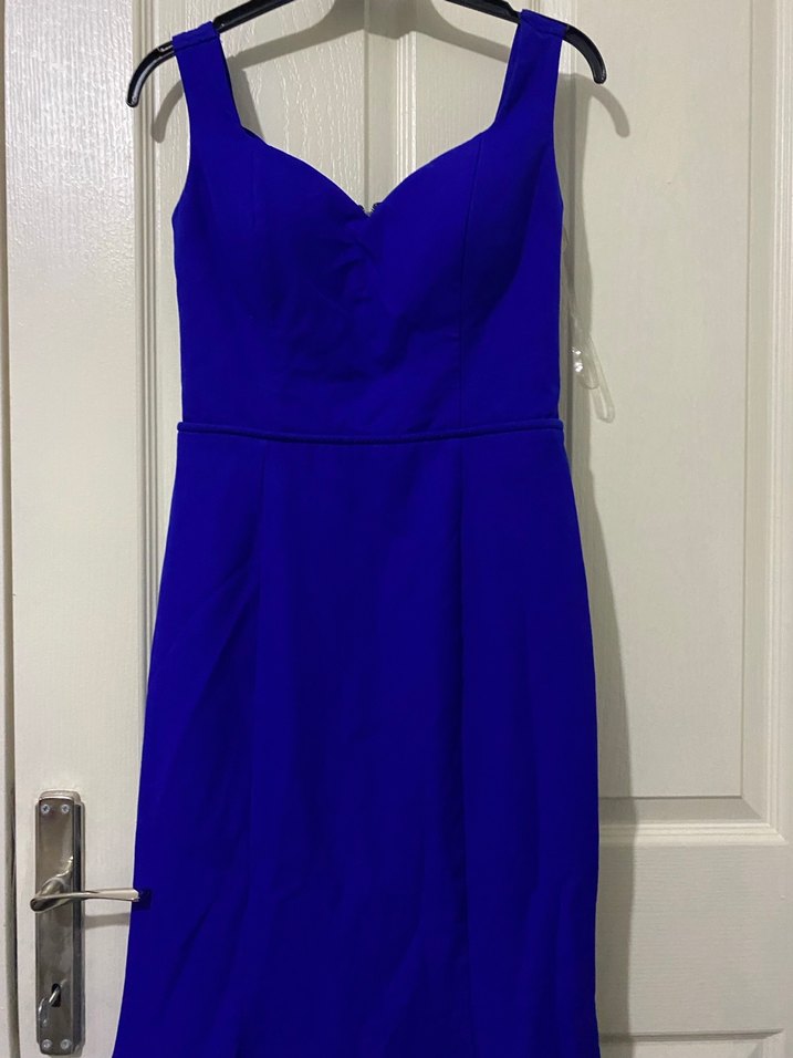 Klasik mavi V Yaka Uzun Abiye Elbise - Görsel 2