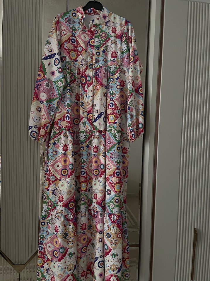 Bohem Çok Renkli Uzun Bağlamalı Elbise - Görsel 2