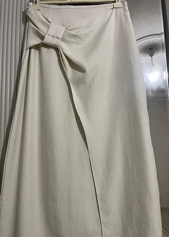 Kadın Beyaz Keten Uzun Drapeli Etek - Görsel 2