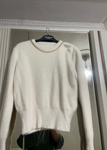 Beyaz Triko Kadın Kazak Zincir Detaylı - Görsel 2