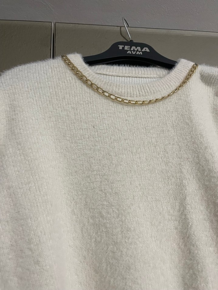Beyaz Triko Kadın Kazak Zincir Detaylı - Görsel 3