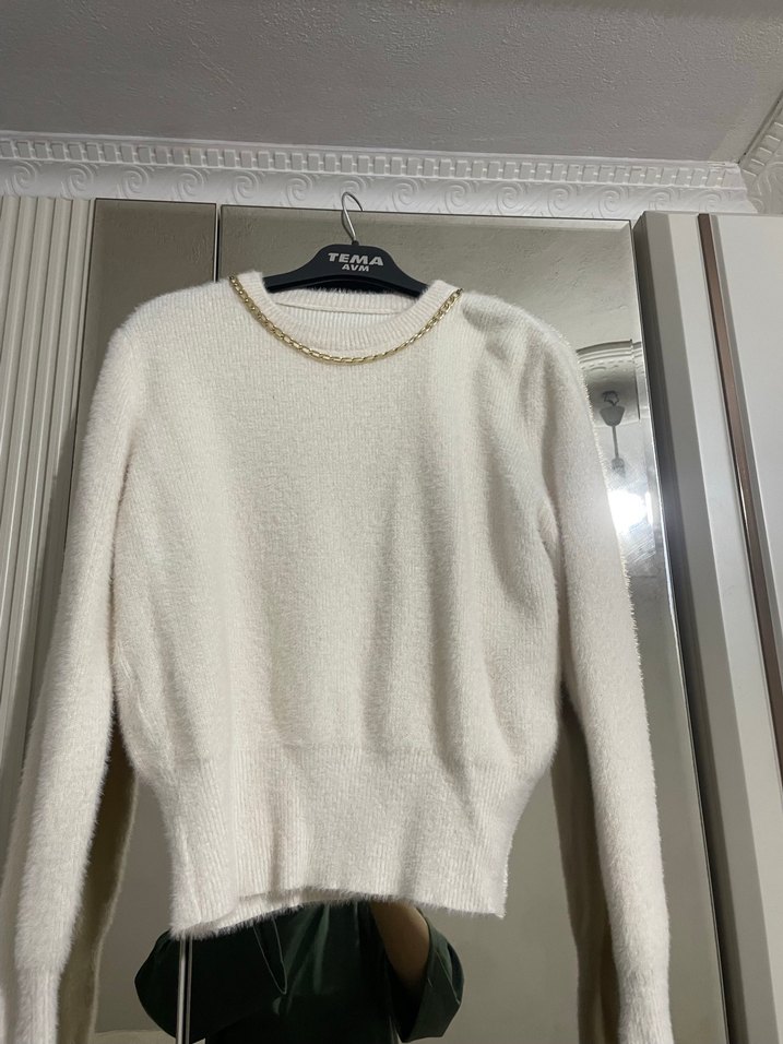 Beyaz Triko Kadın Kazak Zincir Detaylı - Görsel 2