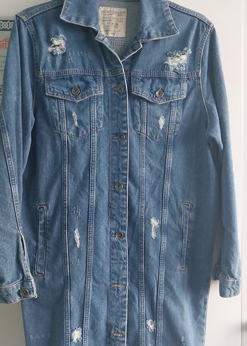 Düğmeli Mavi Midi Denim Ceket - Görsel 2