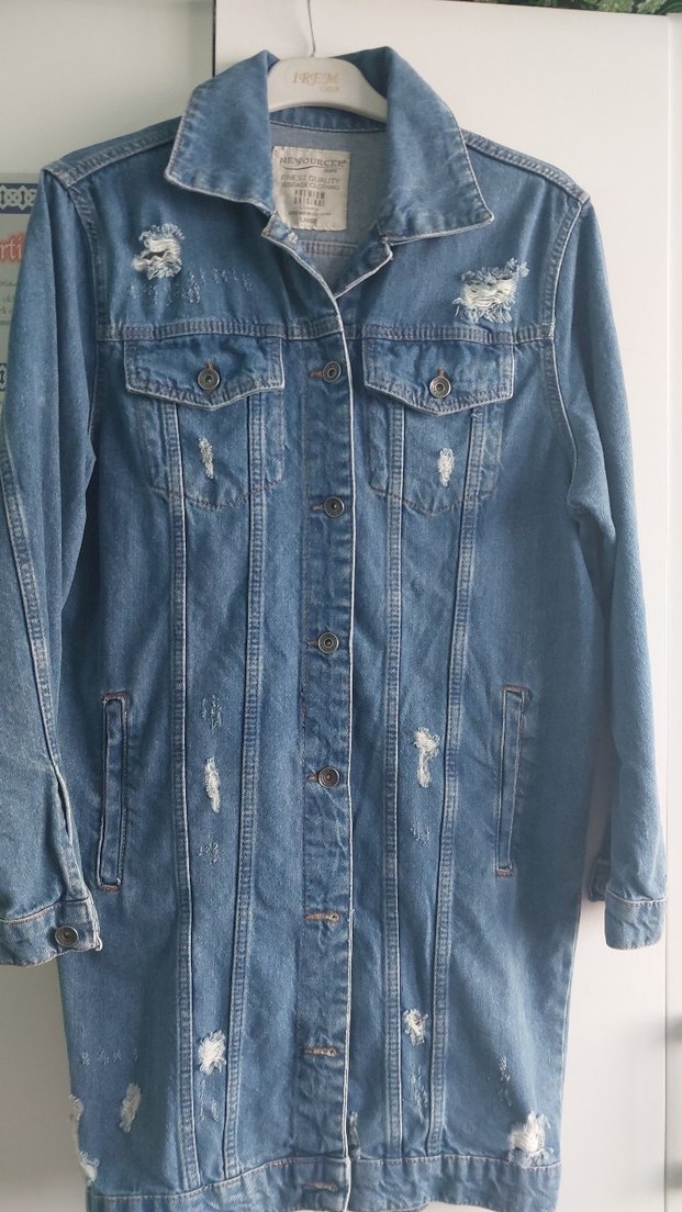 Düğmeli Mavi Midi Denim Ceket - Görsel 2