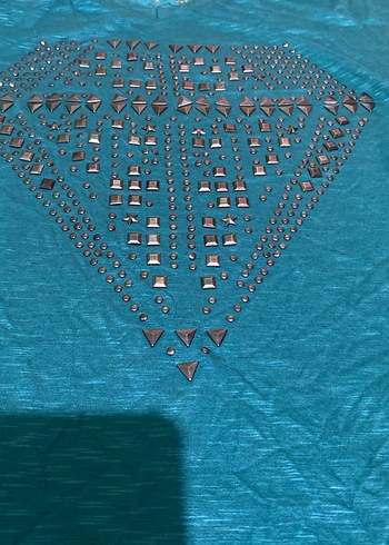 Turkuaz V Yaka Kısa Kollu Payetli Bluz - Görsel 2