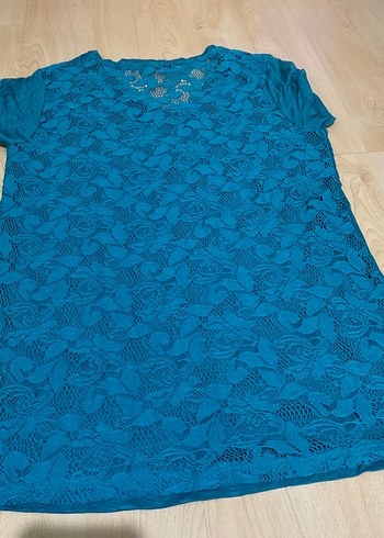 Turkuaz V Yaka Kısa Kollu Payetli Bluz - Görsel 3