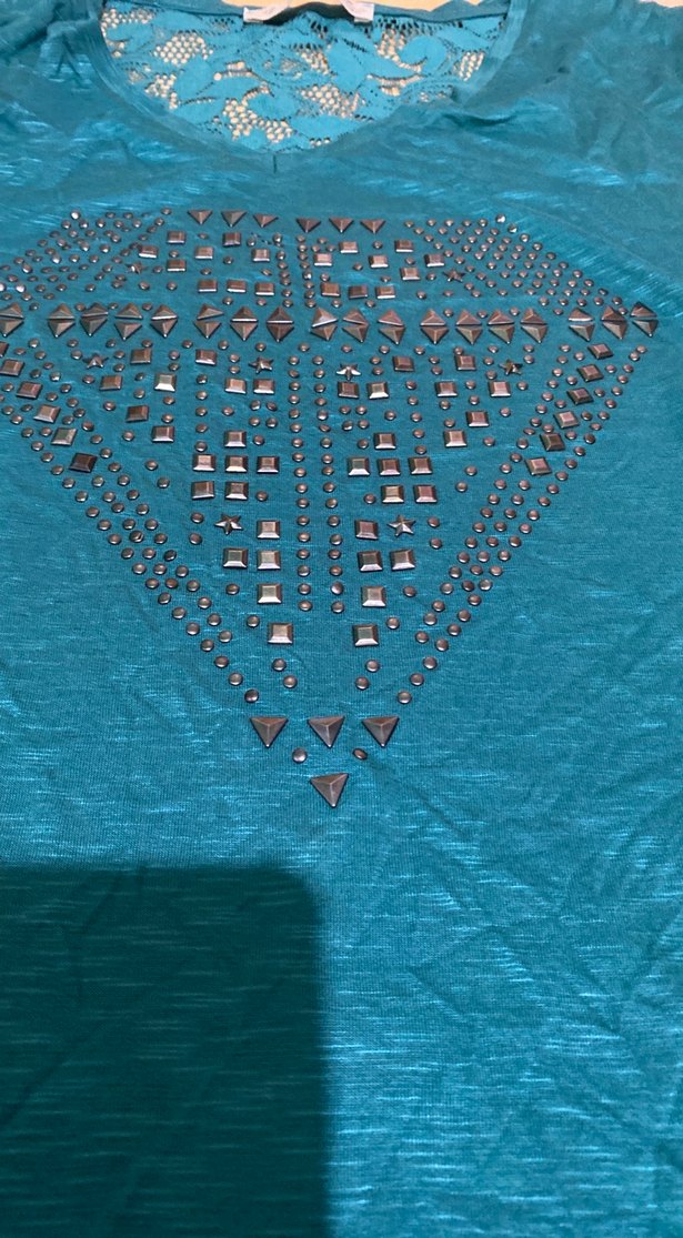 Turkuaz V Yaka Kısa Kollu Payetli Bluz - Görsel 2