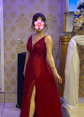 Kırmızı Drapeli Uzun Abiye Elbise - Görsel 2