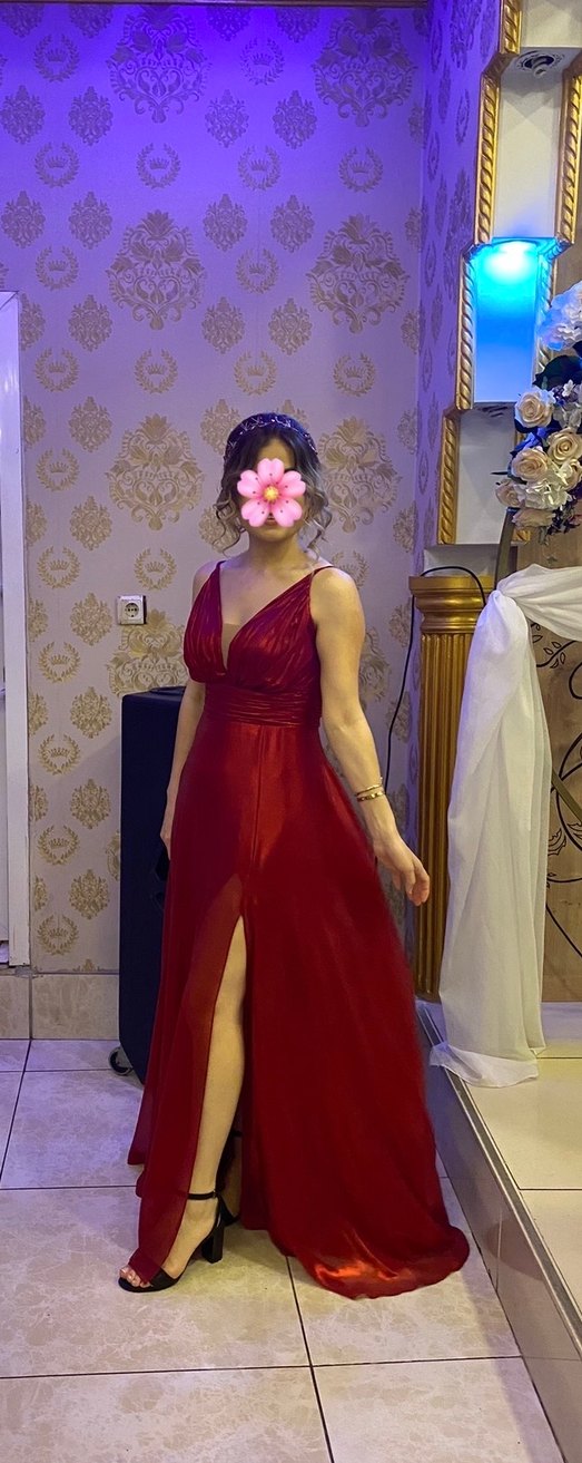 Kırmızı Drapeli Uzun Abiye Elbise - Görsel 2