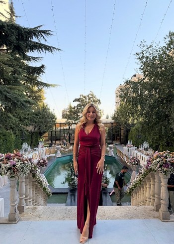 Bordo Drapeli Uzun Abiye Elbise - Görsel 2