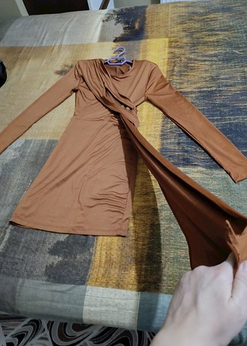 Kahverengi Drapeli Uzun Kollu Elbise - Görsel 4