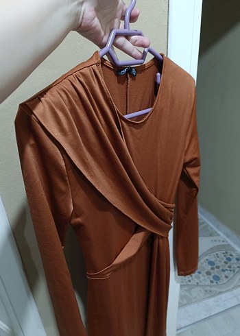 Kahverengi Drapeli Uzun Kollu Elbise - Görsel 2