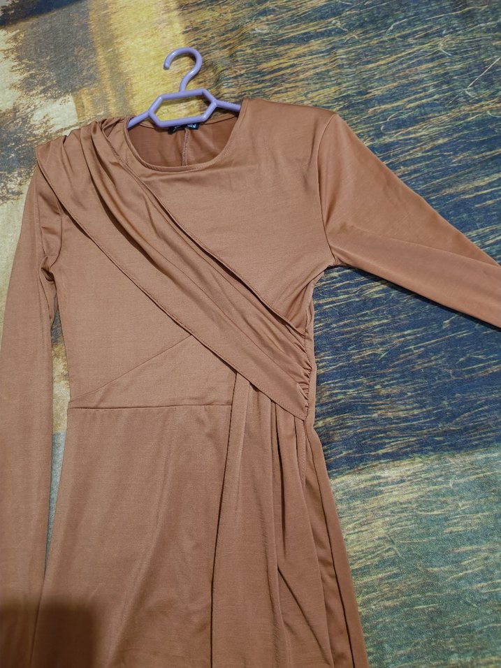 Kahverengi Drapeli Uzun Kollu Elbise - Görsel 3