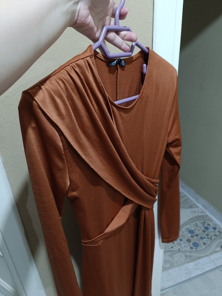 Kahverengi Drapeli Uzun Kollu Elbise - Görsel 2